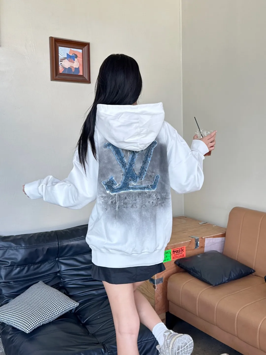 Louis Vuitton/Louis Vuitton denim patch embroidery washed ripped hole hooded sweatshirt